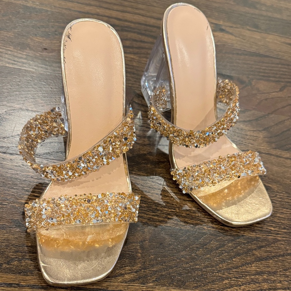 Crystal Embellished Gold Slide Heels - Women